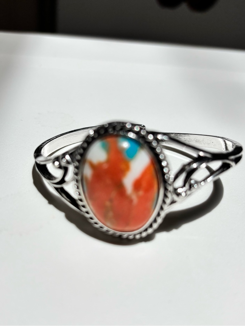 Silver Turquoise White & Orange Stone Cuff Bracelet - Colorful Inlay